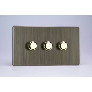 JDYDP303S.AB Varilight V-Pro Series 3 Gang 0-120W Trailing Edge LED Dimmer Urban Screwless Antique (Brushed) Brass Finish