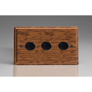 JMOP3-RTBK-S2W Varilight V-Pro Series 3 Gang 0-120W Trailing Edge LED Dimmer Kilnwood Classic Wood Medium Oak With Retro Black Metal Knobs