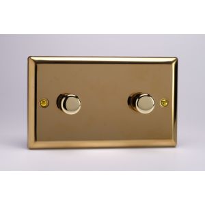 JVDP602 [WVD2 + 2x MJP300] Varilight V-Pro High Power Series 2 Gang 0-300W Trailing Edge LED Dimmer Classic Victorian Polished Brass Coated, Double Plate