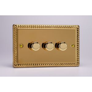 KGDP183 Varilight V-Com Series 3 Gang 15-180 Watt Leading Edge LED Dimmer Georgian Polished Brass Coated