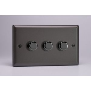 KPDP103 Varilight V-Com Series 3 Gang 0-100 Watt Leading Edge LED Dimmer Graphite 21 Effect Finish