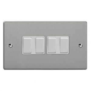 XDE9W.BS Varilight 4 Gang 10 Amp Switch Essential Brushed Steel Finish With White Switches