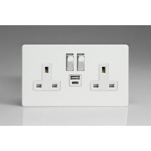 XDQ5UACWS Varilight 2 Gang 13 Amp Single Pole Switched Socket with USB-A and USB-C Charging Ports With Qualcomm QuickCharge 3.0 Screwless Premium White Plastic With White Sockets, and Polished Chrome Switches