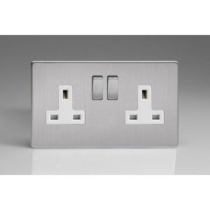 XDS5WS Varilight 2 Gang 13 Amp Double Pole Switched Socket Screwless Brushed Stainless Steel With White Sockets and Brushed Steel Switches