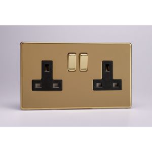 XDV5BS Varilight 2 Gang 13 Amp Double Pole Switched Socket Screwless Polished Brass Coated With Black Sockets and Polished Brass Switches