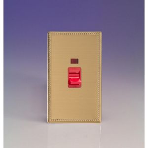 XDY45NS.JB Varilight 45 Amp Double Pole Vertical Cooker Switch with Neon Screwless Jubilee Beaded Brushed Brass Effect Finish With Red Switch