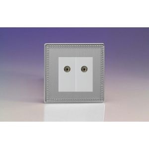 XDYG88WS.JS [XDYG2S.JS + 2x Z2G8W] Varilight 2 Gang White Co-axial TV Socket Screwless Jubilee Beaded Brushed Steel Effect Finish