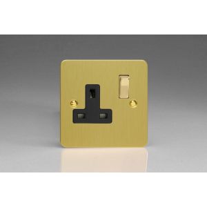 XFB4DB Varilight 1 Gang 13 Amp Double Pole Switched Socket Ultra Flat Brushed Brass Effect Finish With Black Socket and Polished Brass Switch