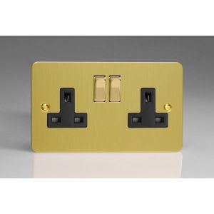 XFB5DB Varilight 2 Gang 13 Amp Double Pole Switched Socket Ultra Flat Brushed Brass Effect Finish With Black Sockets and Polished Brass Switches