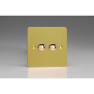XFBP2 Varilight 2 Gang 6 Amp Push-on/off Impulse Switch Ultra Flat Brushed Brass Effect Finish With Polished Brass Buttons