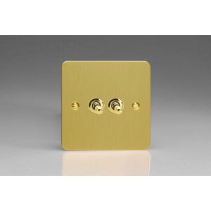 XFBT71-SP Varilight 2 Gang Comprising of 1 Intermediate (3 Way) and 1 Standard (1 or 2 Way) 10 Amp Toggle Switch Ultra Flat Brushed Brass Effect Finish With Polished Brass Toggle Switches