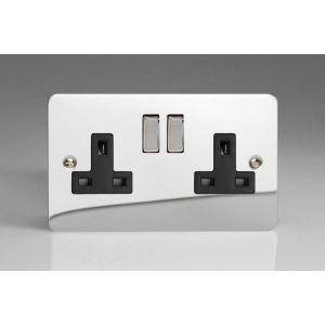 XFC5DB Varilight 2 Gang 13 Amp Double Pole Switched Socket Ultra Flat Polished Chrome Coated With Black Sockets and Polished Chrome Switches