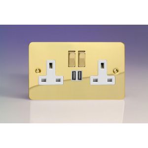 XFV5U2SDW Varilight 2 Gang 13 Amp Single Pole Switched Socket with 2 x 5V DC 2.1 Amp USB Charging Ports Ultra Flat Polished Brass Coated With White Sockets, and Polished Brass Switches