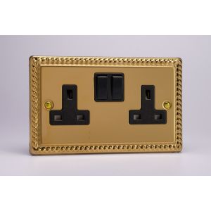XG5B Varilight 2 Gang 13 Amp Double Pole Switched Socket Classic Georgian Polished Brass Coated with Black Sockets and Black Switches