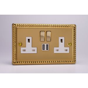 XG5U2SDW Varilight 2 Gang 13 Amp Single Pole Switched Socket with 2 x 5V DC 2.1 Amp USB Charging Ports Classic Georgian Polished Brass Coated with White Sockets and Polished Brass Switches