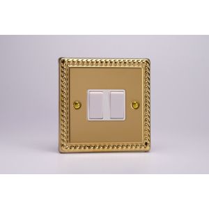 XG71W Varilight 2 Gang Comprising of 1 Intermediate (3 Way) and 1 Standard (1 or 2 Way) 10 Amp Switch Classic Georgian Polished Brass Coated with White Switches
