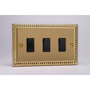 XG73B Varilight 3 Gang Comprising of 3 Intermediate (3 Way) 10 Amp Switch Classic Georgian Polished Brass Coated with Black Switches