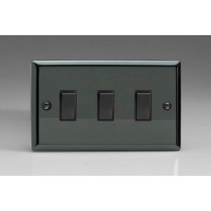 XI73B Varilight 3 Gang Comprising of 3 Intermediate (3 Way) 10 Amp Switch Classic Iridium Black (Gloss) Effect Finish with Black Switches, Double Plate