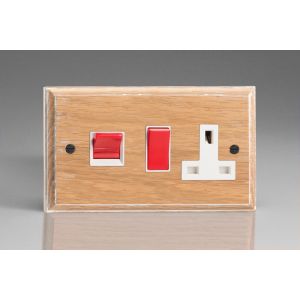 XLK45PW-S2W 45 Amp Double Pole Horizontal Cooker Panel with 13 Amp Switched Socket Kilnwood Classic Wood Limed Oak with White Switch