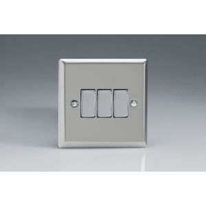 XN3D Varilight 3 Gang 10 Amp Switch Classic Satin Chrome Effect Finish with Polished Chrome Switches