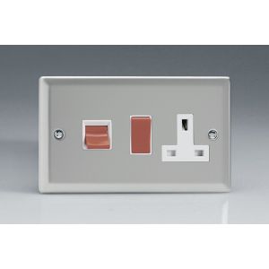 XN45PW Varilight 45 Amp Double Pole Horizontal Cooker Panel with 13 Amp Switched Socket Classic Satin Chrome Effect Finish with Red Switches and White Socket