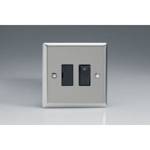 XN6NB Varilight 1 Gang 13 Amp Double Pole Switched Fused Spur with Neon Classic Satin Chrome Effect Finish with Black Switch and Fuse Cover
