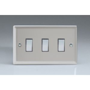 XN73D Varilight 3 Gang Comprising of 3 Intermediate (3 Way) 10 Amp Switch Classic Satin Chrome Effect Finish with Polished Chrome Switches, Double Plate