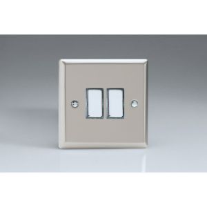 XNBP2D Varilight 2 Gang 10 Amp Push-to-make, Bell Push, Retractive Switch Classic Satin Chrome Effect Finish with Polished Chrome Switches