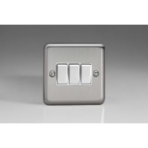XS3W Varilight 3 Gang 10 Amp Switch Classic Matt Chrome Finish (Brushed Steel Effect) with White Switches