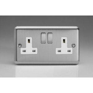 XS5DW Varilight 2 Gang 13 Amp Double Pole Switched Socket Classic Matt Chrome Finish (Brushed Steel Effect) with White Sockets and Brushed Steel Switches