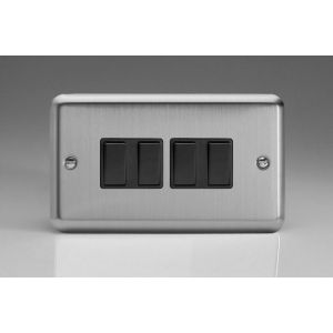 XS9B Varilight 4 Gang 10 Amp Switch Classic Matt Chrome Finish (Brushed Steel Effect) with Black Switches