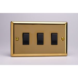 XV73B Varilight 3 Gang Comprising of 3 Intermediate (3 Way) 10 Amp Switch Classic Victorian Polished Brass Coated with Black Switches, Double Plate