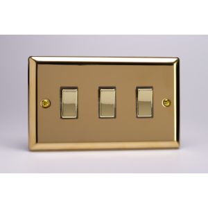 XV73D Varilight 3 Gang Comprising of 3 Intermediate (3 Way) 10 Amp Switch Classic Victorian Polished Brass Coated with Polished Brass Switches, Double Plate