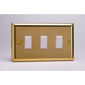 XV73W Varilight 3 Gang Comprising of 3 Intermediate (3 Way) 10 Amp Switch Classic Victorian Polished Brass Coated with White Switches, Double Plate