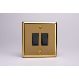 XVBP2B Varilight 2 Gang 10 Amp Push-to-make, Bell Push, Retractive Switch Classic Victorian Polished Brass Coated with Black Switches