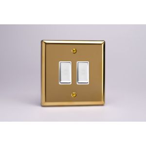 XVBP2W Varilight 2 Gang 10 Amp Push-to-make, Bell Push, Retractive Switch Classic Victorian Polished Brass Coated with White Switches