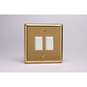 XVR2W Varilight 2 Gang 10 Amp 2 Way & Off Retractive Switch Classic Victorian Polished Brass Coated with White Switches