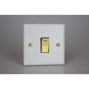 XY20NV.MW Varilight 1 Gang 20 Amp Double Pole Switch with Neon Vogue Matt White Effect Finish With Polished Brass Switch