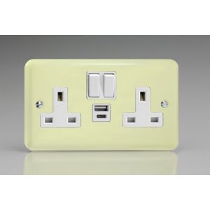 XY5UACW.WC Varilight 2 Gang 13 Amp Single Pole Switched Socket with 20 Watt USB-A and USB-C Charging Ports With Qualcomm QuickCharge 3.0 Lily White Chocolate with White Sockets and White Switches