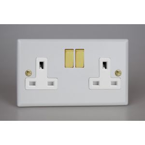 XY5VW.MW Varilight 2 Gang 13 Amp Double Pole Switched Socket Vogue Matt White Effect Finish With White Sockets and Polished Brass Switches