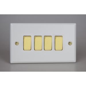 XY9V.MW Varilight 4 Gang 10 Amp Switch Vogue Matt White Effect Finish With Polished Brass Switches