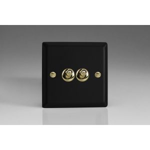 XYT71V.MB Varilight 2 Gang Comprising of 1 Intermediate (3 Way) and 1 Standard (1 or 2 Way) 10 Amp Toggle Switch Vogue Matt Black Effect Finish With Polished Brass Toggle Switches