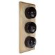 LIN01-3-V-UO-S2W Triple Linden Brown Bakelite Dolly Switch, 1- or 2- Way, 6 Amp, on a Vertical Unfinished Oak Base