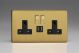 XDB5U2SBS Varilight 2 Gang 13 Amp Single Pole Switched Socket with 2 x 5V DC 2.1 Amp USB Charging Ports Screwless Brushed Brass Effect Finish With Black Sockets, and Polished Brass Switches