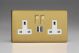 XDB5U2SWS Varilight 2 Gang 13 Amp Single Pole Switched Socket with 2 x 5V DC 2.1 Amp USB Charging Ports Screwless Brushed Brass Effect Finish With White Sockets, and Polished Brass Switches