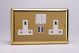 XV5U2SW Varilight 2 Gang 13 Amp Single Pole Switched Socket with 2 x 5V DC 2.1 Amp USB Charging Ports Classic Victorian Polished Brass Coated with White Sockets, and White Switches